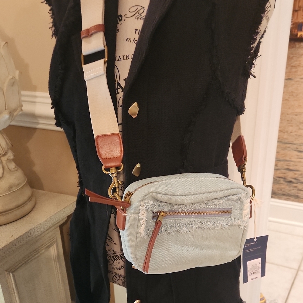 Universal Thread Light Blue Denim Crossbody Bag with Brown Straps